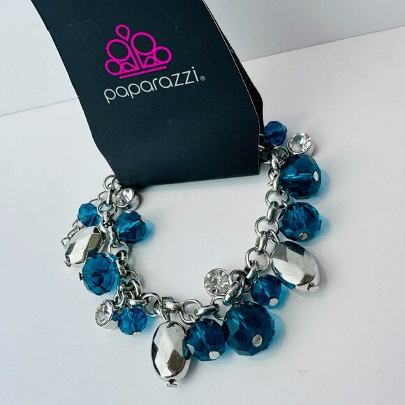 Paparazzi Blue Crystal Charm Bracelet – Silver Chain Dangle Beads & Rhinestone - Picture 2 of 4
